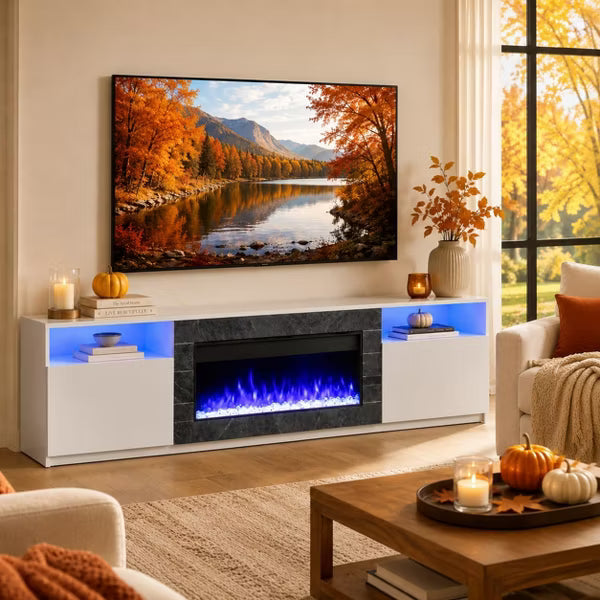 Garvee 80" TV Stand with 36" Elec. Fireplace, 12 Flame, 1500W, for 90" TVs, White