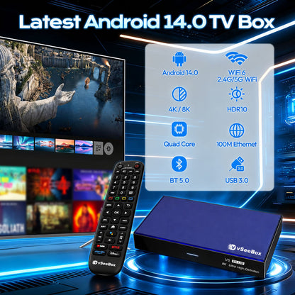 vSeeBox V6 Plus Android 14.0 TV Box, 4GB RAM 64GB Storage, 8K Video Output, Dual-Band WiFi 6, Bluetooth 5.0, Voice Remote with Backlight, Split-Screen Viewing, HDMI 2.1