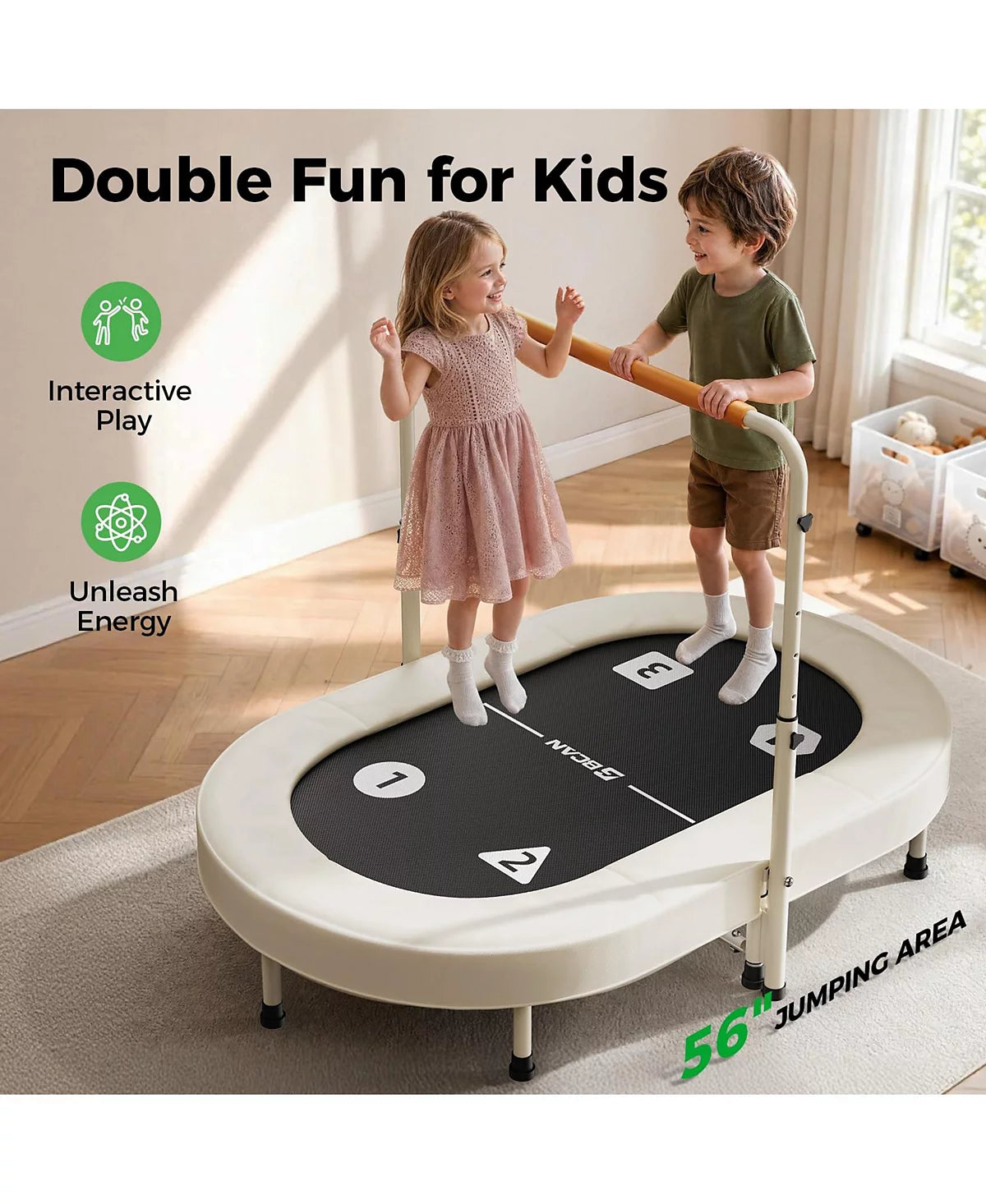 56 Inch 2 Person Kids Trampoline Foldable Elastic Band Trampoline with Adjustable Handlebar Thickened Cover ASTM Certified for 1-8 Years Old Max
