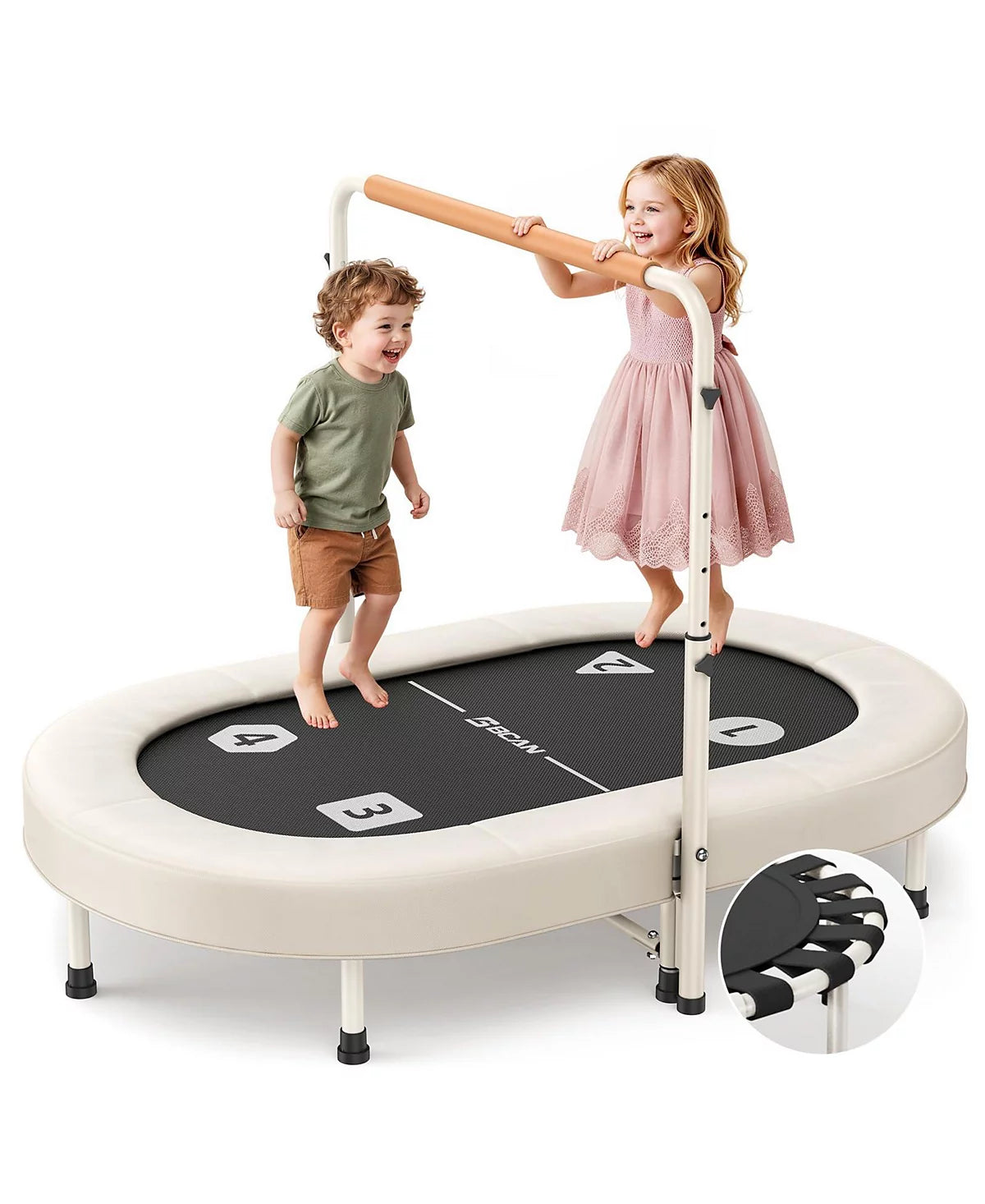 56 Inch 2 Person Kids Trampoline Foldable Elastic Band Trampoline with Adjustable Handlebar Thickened Cover ASTM Certified for 1-8 Years Old Max