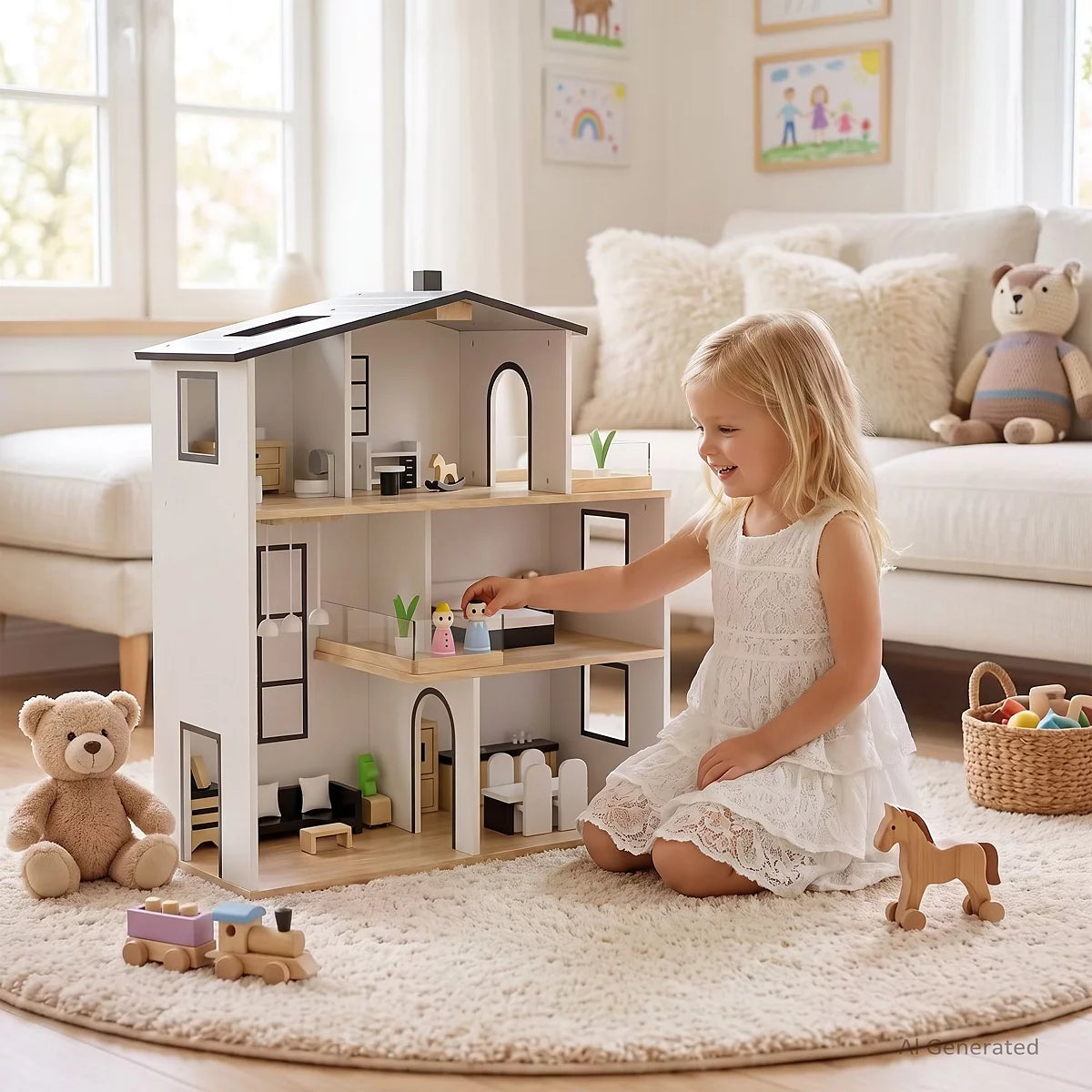 Wooden 3-Story Dollhouse with Modern Design, Opening Doors, 35 Accessories, Ages 3+
