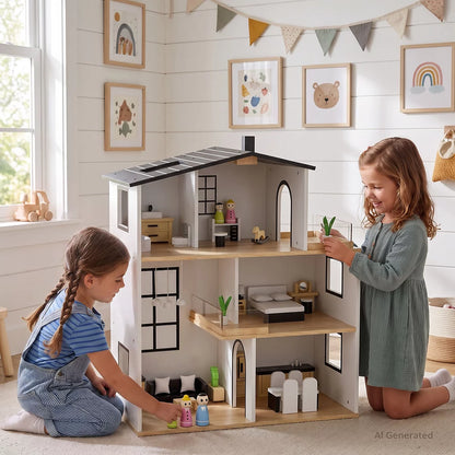 Wooden 3-Story Dollhouse with Modern Design, Opening Doors, 35 Accessories, Ages 3+