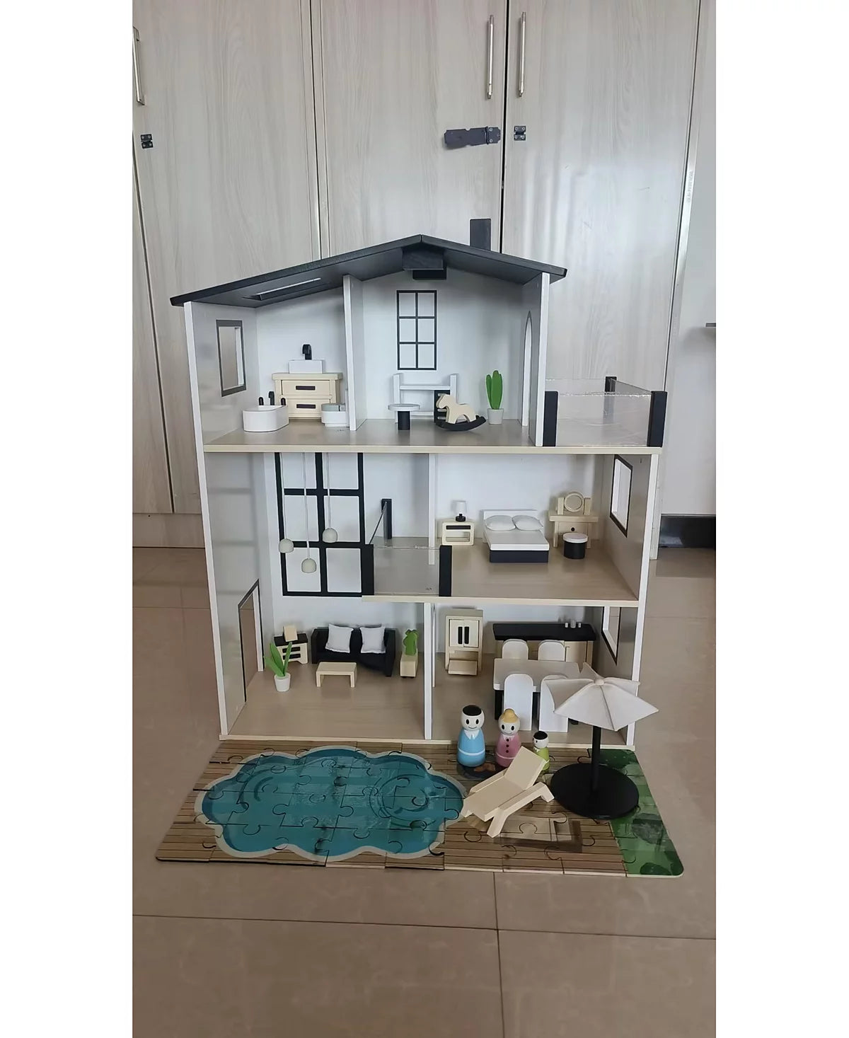 Wooden 3-Story Dollhouse with Modern Design, Opening Doors, 35 Accessories, Ages 3+