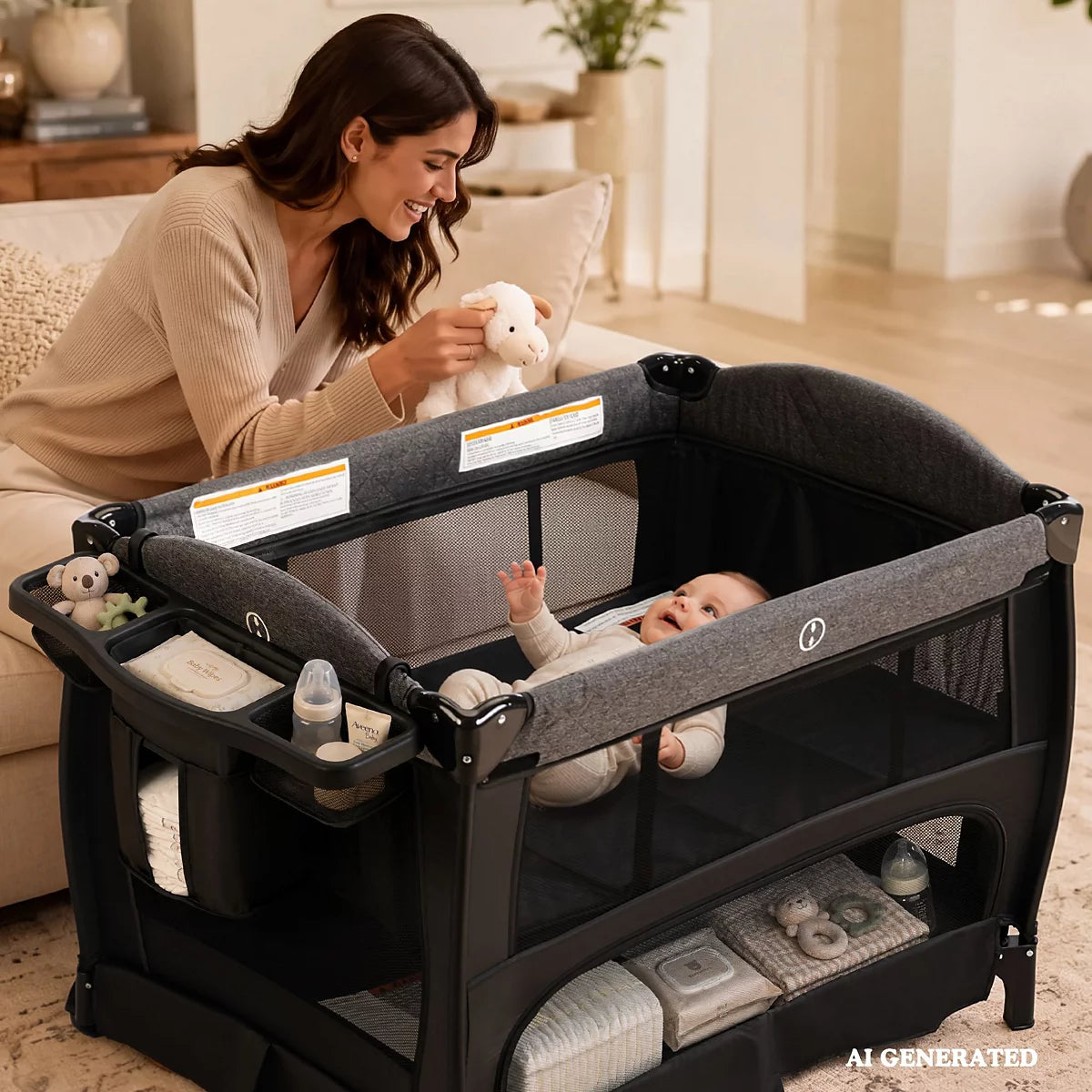 4-in-1 Portable Baby Playard with Bassinet and Mosquito Net, Bedside Sleeper and Changing Table
