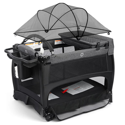 4-in-1 Portable Baby Playard with Bassinet and Mosquito Net, Bedside Sleeper and Changing Table