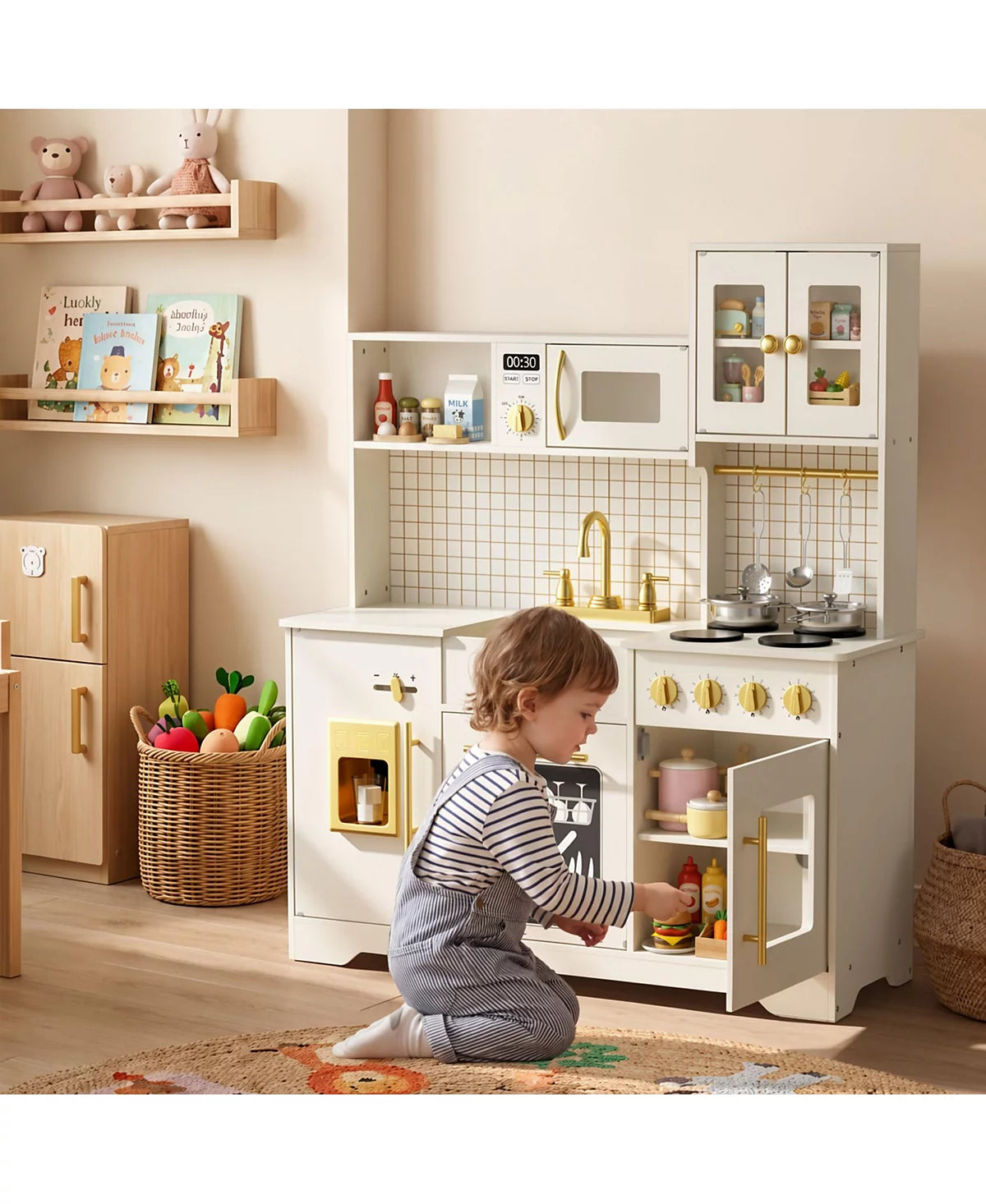 Kids Play Kitchen, Wooden Toy Kitchen Playset for Toddler, Pretend Oven, Microwave, Kitchen Sets for Age 3+