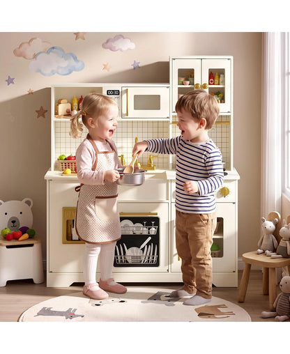 Kids Play Kitchen, Wooden Toy Kitchen Playset for Toddler, Pretend Oven, Microwave, Kitchen Sets for Age 3+