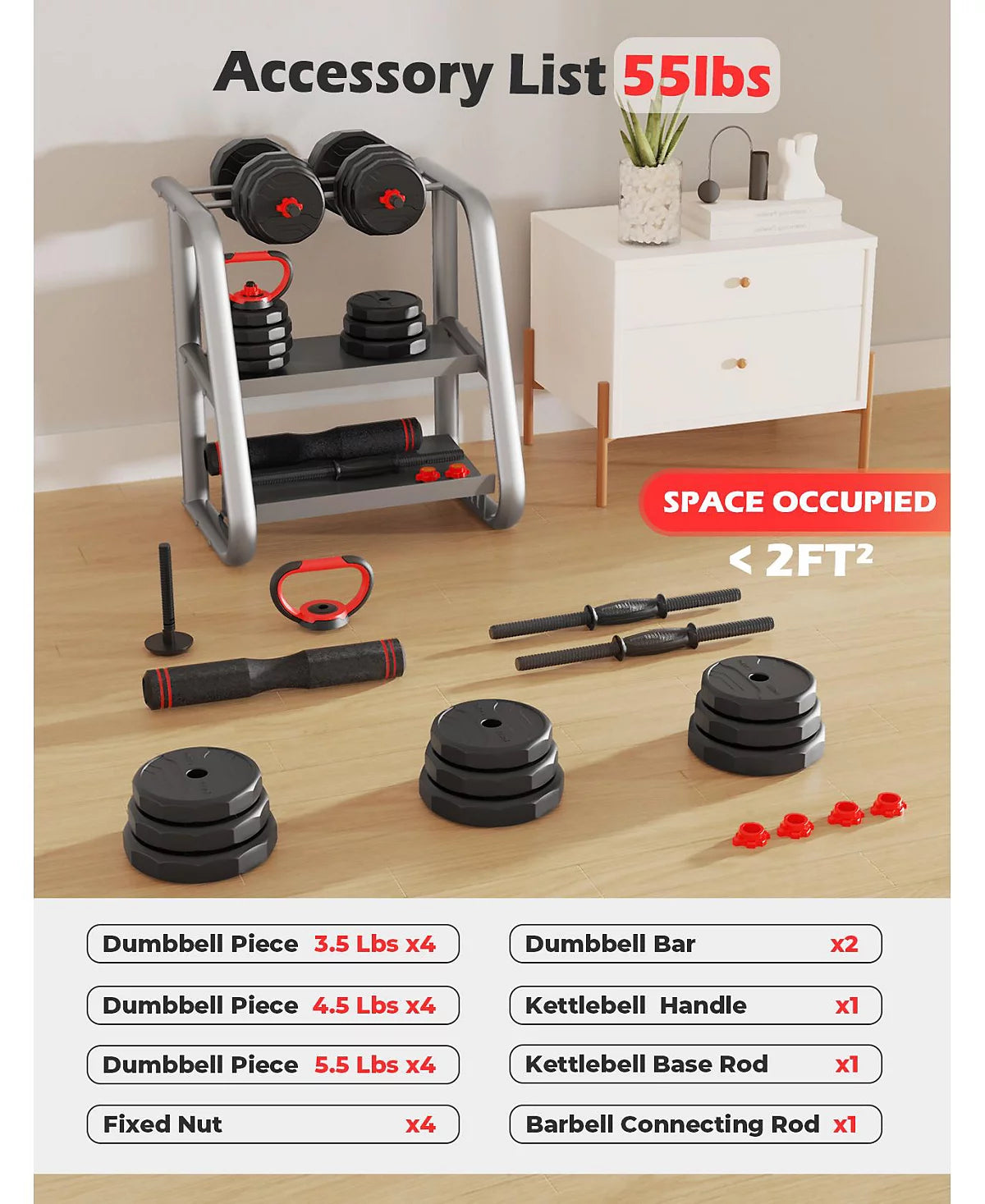 3 in 1 Adjustable Dumbbells Set Convertible to Barbell and Kettlebell, Multi Weight Free Weights for Home Gym