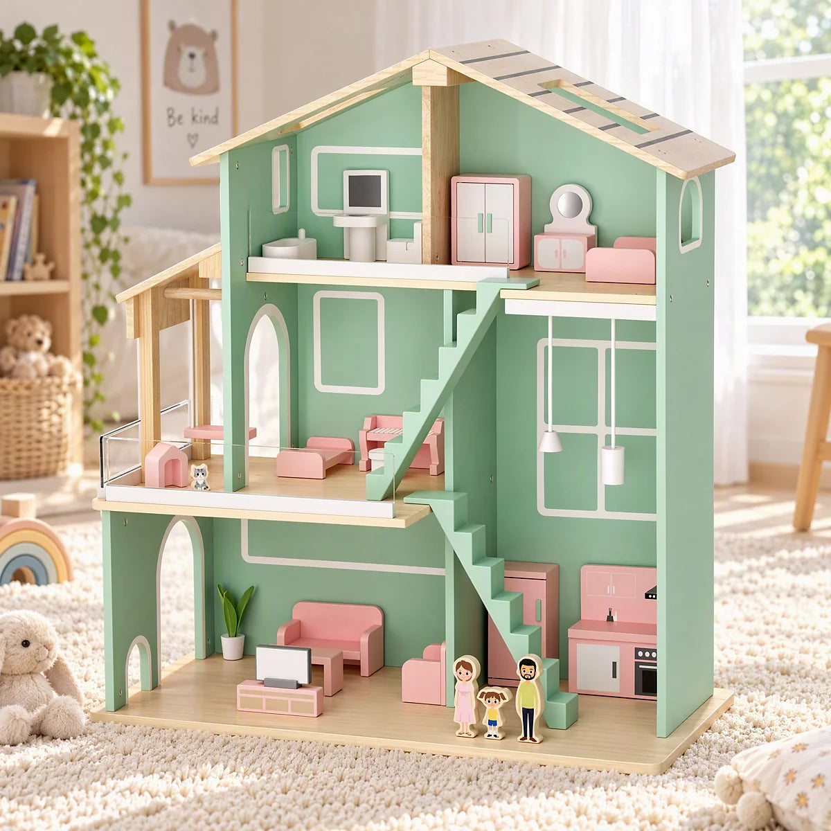 Wooden 3-Story Interactive Dollhouse with 26 Accessories, Ages 3+