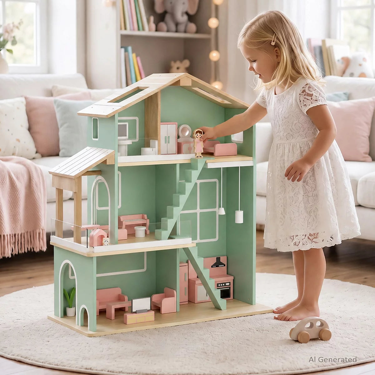 Wooden 3-Story Interactive Dollhouse with 26 Accessories, Ages 3+