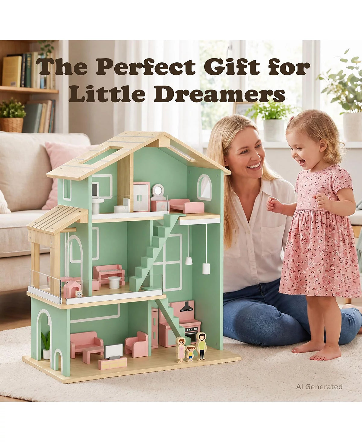 Wooden 3-Story Interactive Dollhouse with 26 Accessories, Ages 3+