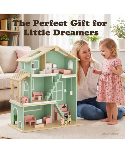 Wooden 3-Story Interactive Dollhouse with 26 Accessories, Ages 3+