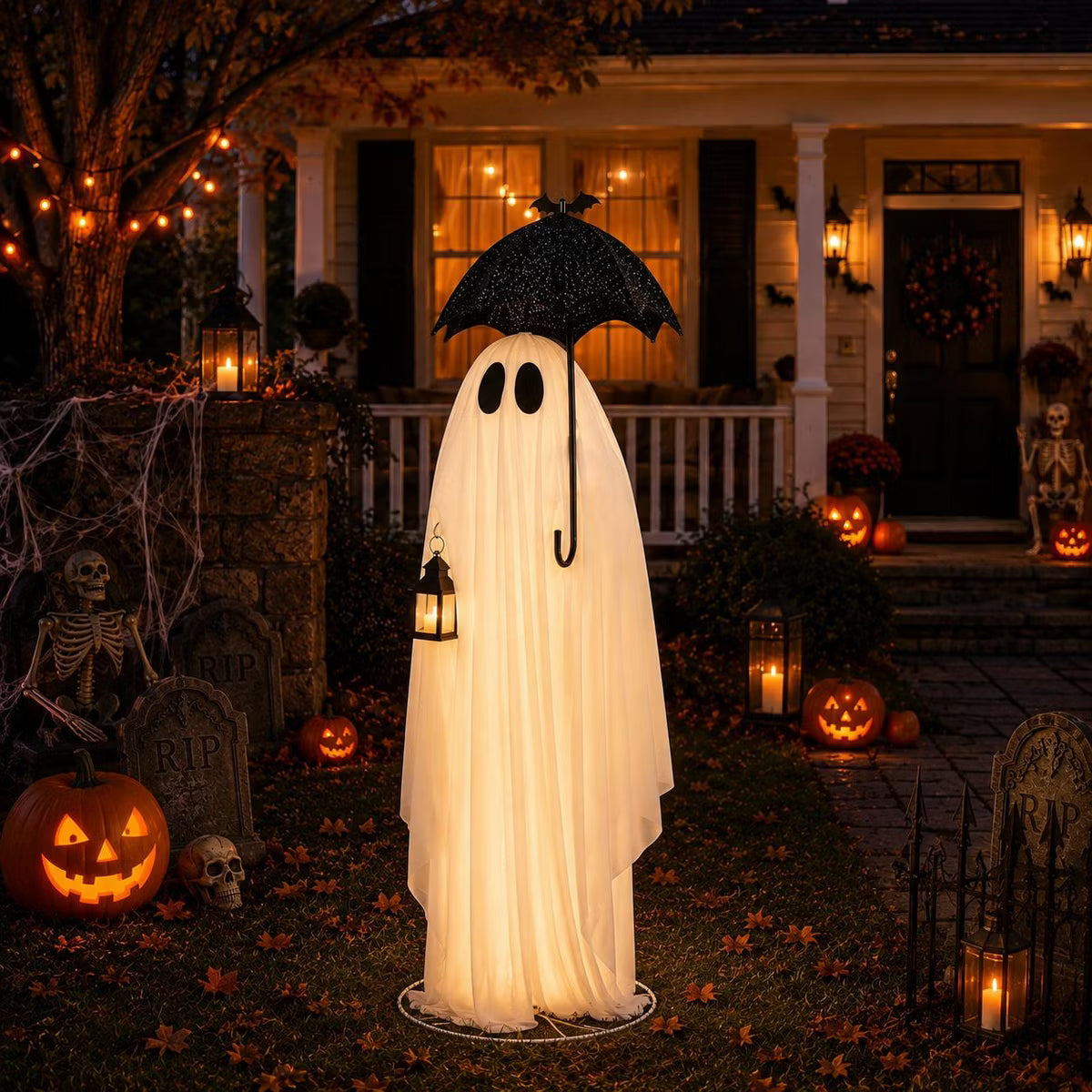 5ft Halloween Ghost Decoration, Light Up Umbrella Ghost with 100 Warm White LED Lights, Black & White Outdoor Yard Decor for Home & Party