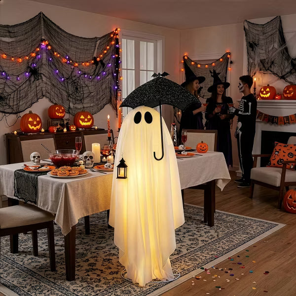 5ft Halloween Ghost Decoration, Light Up Umbrella Ghost with 100 Warm White LED Lights, Black & White Outdoor Yard Decor for Home & Party