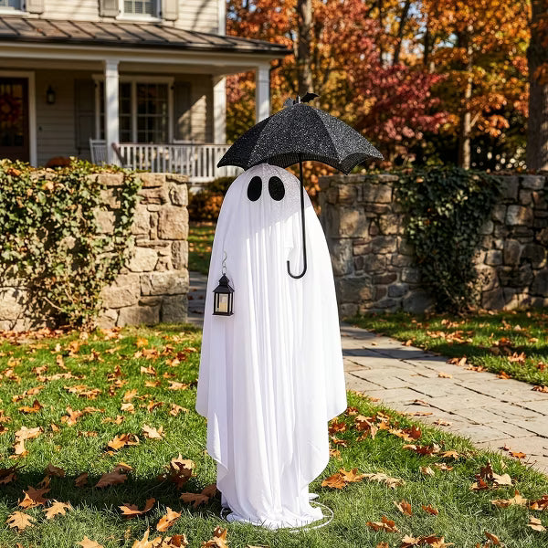 5ft Halloween Ghost Decoration, Light Up Umbrella Ghost with 100 Warm White LED Lights, Black & White Outdoor Yard Decor for Home & Party