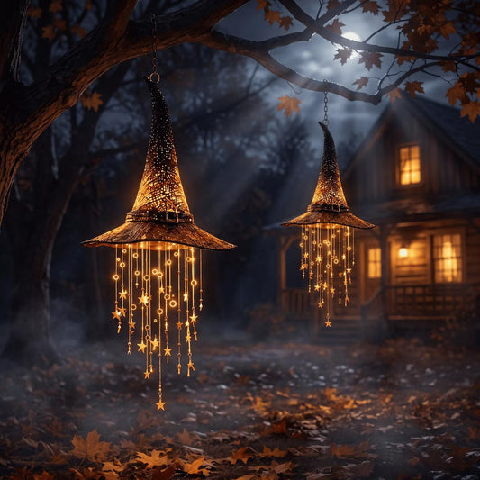 LauKingdom 2-Pack Lighted Witch Hat Hanging Decor, Halloween Witch Hats with Warm LED Lights and Star Tassels for Porch, Home and Party