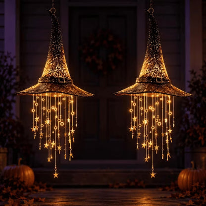 LauKingdom 2-Pack Lighted Witch Hat Hanging Decor, Halloween Witch Hats with Warm LED Lights and Star Tassels for Porch, Home and Party