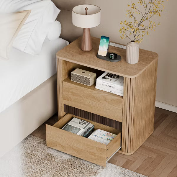 Qwatto Natural Oak Nightstand Charging Station 2 Drawers Roller Blind Design Rounded Modern Bedside Table Mid Century End Table Bedroom Storage