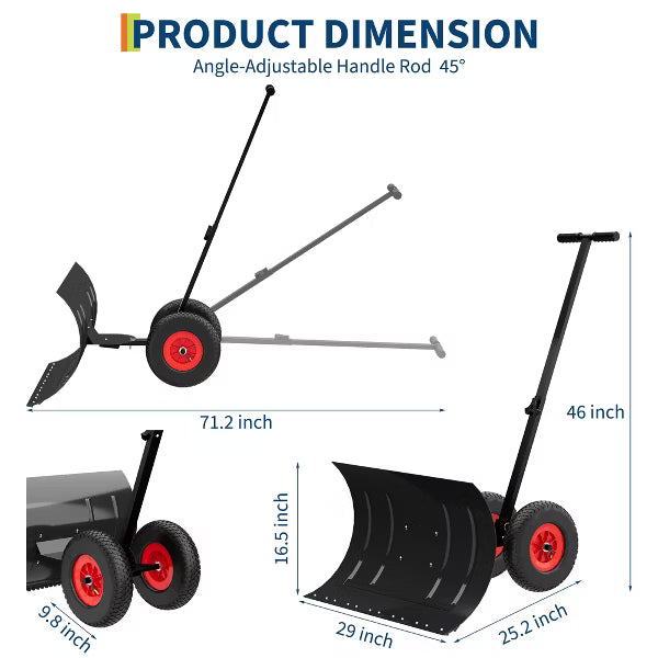Garvee 29" W X 16.5"H Metal Snow Pusher with Wheels, Adjustable Angle & Height Handle,Single-Rod Design for Driveway & Sidewalk, Black