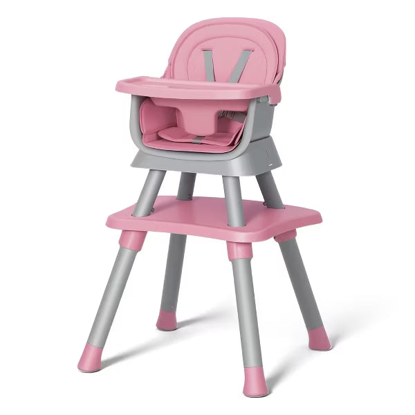 TODECARE Baby High Chair, 8 in 1 Convertible Highchair for Baby& Toddler, Booster Seat, Safety Harness, Removable Tray, Gray & Pink
