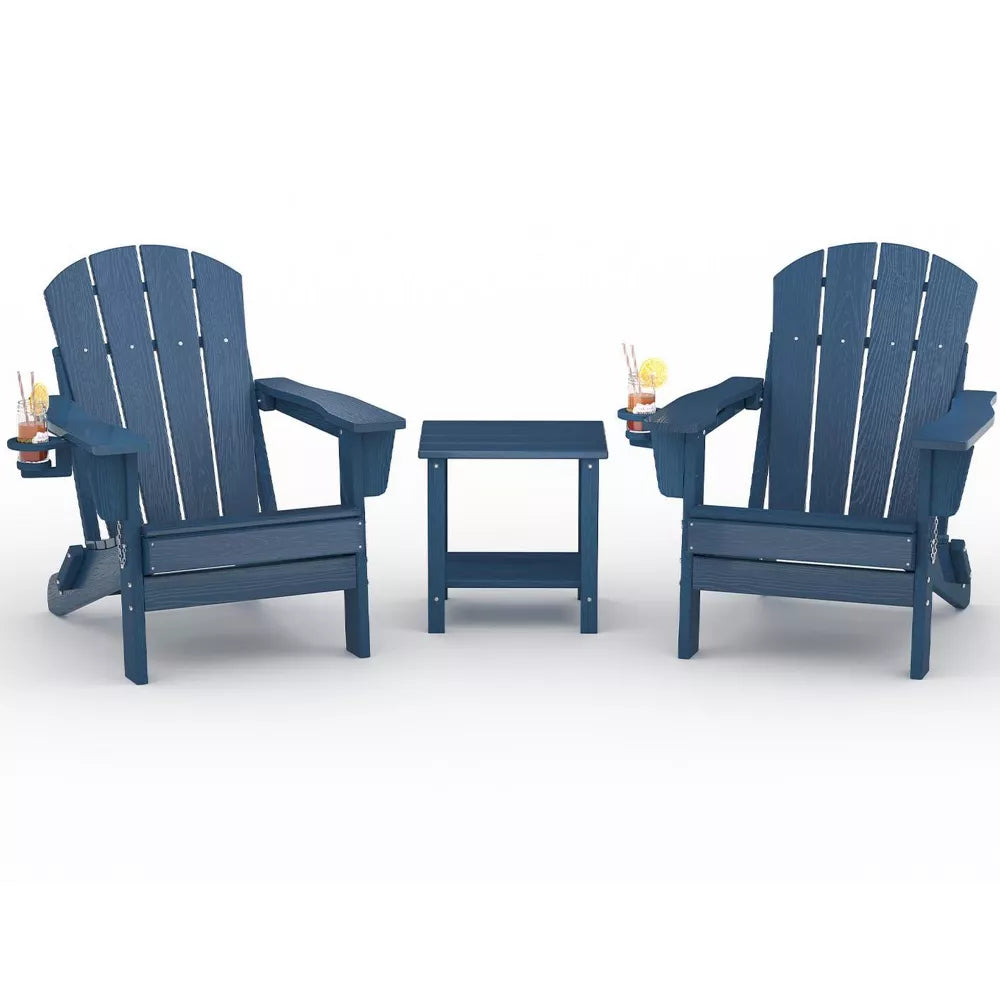 Folding Adirondack Chair Set of 2 with Side Table, All-Weather HDPE Outdoor Seating with Cup Holders for Patio, Deck & Fire Pit,Navy Blue