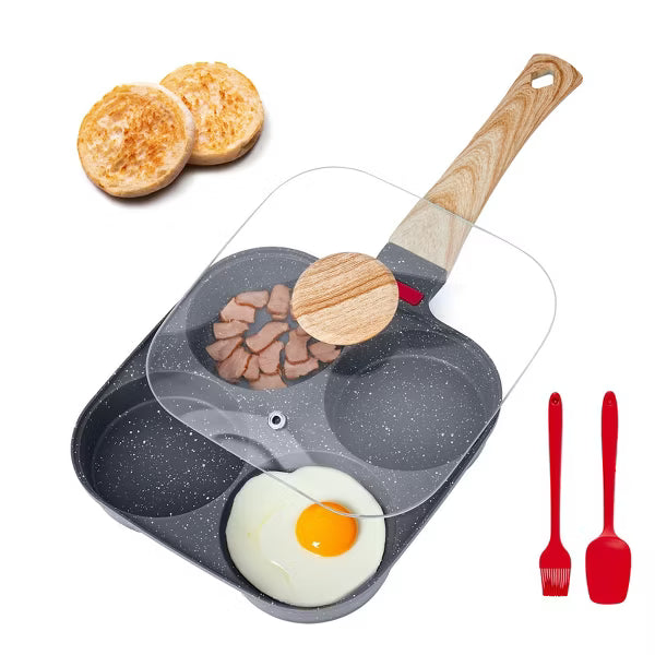 Egg Pan Nonstick 4-Cup, Breakfast Skillet with Lid & Tools, Aluminum Omelette Pan for Pancakes, Easy-Clean Cookware Compatible with Gas & Induction