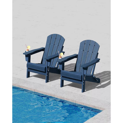 Folding Adirondack Chair Set of 2 with Side Table, All-Weather HDPE Outdoor Seating with Cup Holders for Patio, Deck & Fire Pit,Navy Blue