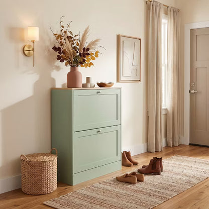 Narrow Shoe Storage Cabinet for Entryway with 2 Flip Drawers, Adjustable Shelves, Hidden Shoe Organizer with Light Oak Top