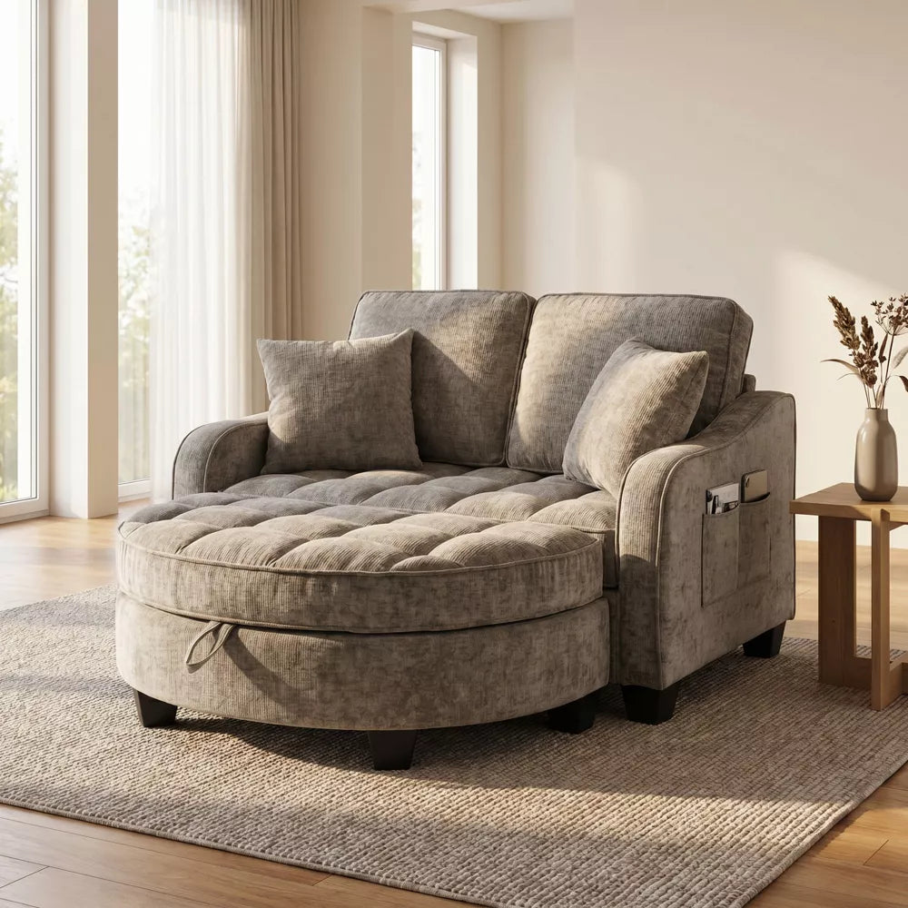 Premium Corduroy Convertible Sofa Bed with Storage Ottoman, Cozy Loveseat Sleeper for Living Room, Dorm, Apartment - Warm Taupe