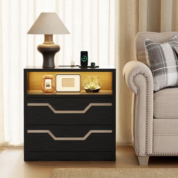 Qwatto Black Modern 2 Drawer Nightstand with Charging Station USB Ports LED Light Wood Bedside Table Small Dresser End Table for Bedroom Small Space