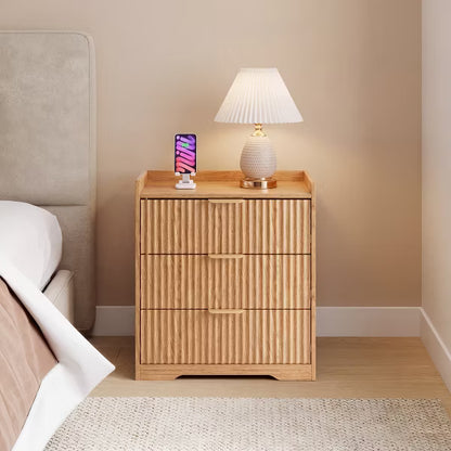 Qwatto Natural Oak 3 Drawer Fluted Nightstand Modern Wood Bedside Table Accent Dresser Chest of Drawers with Metal Handles for Bedroom and Entryway