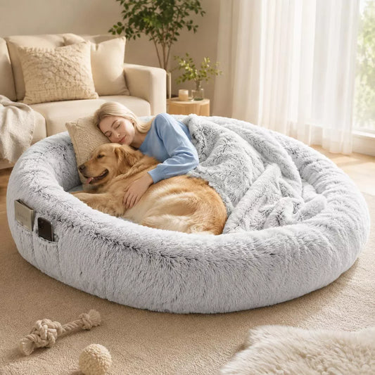 Laukingdom 71'' Human Dog Bed with Pillow & Blanket, Leak-Resistant Washable Dog Couch Bed, Oversized Pet Bed for Large Dogs