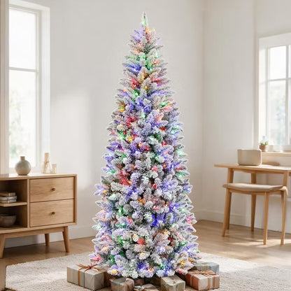 VIVATREES 7.5ft Prelit Artificial Christmas Tree Slim Snow-Flocked with Dual Color Featuring 10 Lighting Modes Metal Stand Hinged Holiday Pine