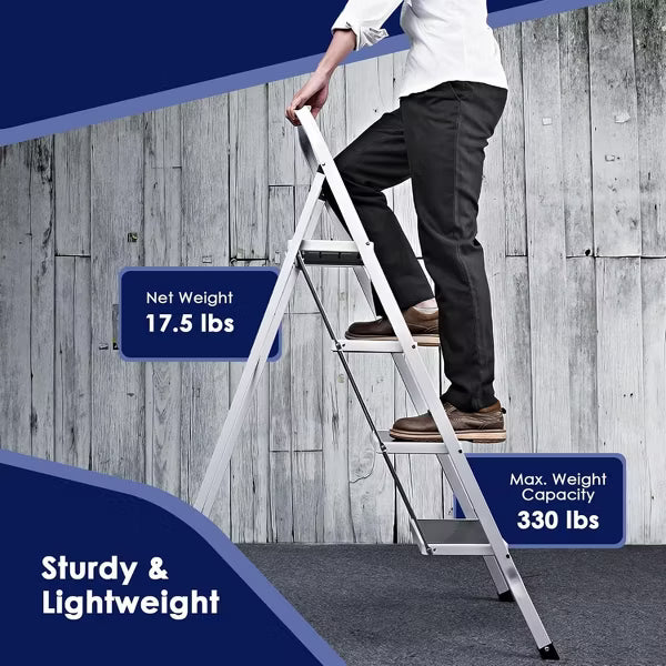 FED FITNESS 4 Step Ladder, Upgo Folding Step Stool with Extra Wide Anti-Slip Pedal, 330lbs Lightweight Portable Sturdy Steel Ladders with Handgrip