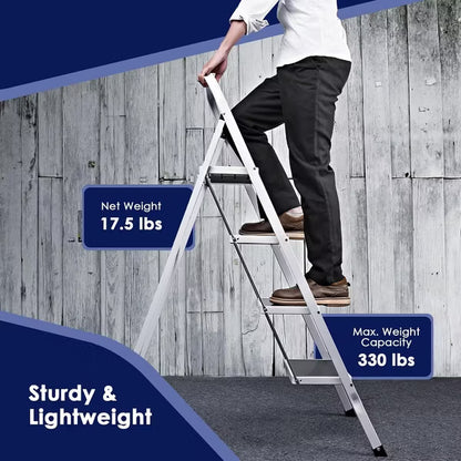 FED FITNESS 4 Step Ladder, Upgo Folding Step Stool with Extra Wide Anti-Slip Pedal, 330lbs Lightweight Portable Sturdy Steel Ladders with Handgrip