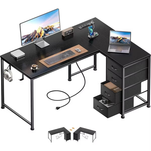 Qwatto 43" L Shaped Computer Desk with Power Outlets and USB Port Reversible Corner Gaming Desk with Storage Drawers for Home Office Study Black