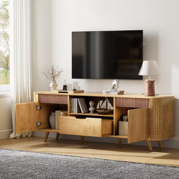 Qwatto Modern 54'' TV Stand For TVs Up To 65'' Fluted Media Console With Drawer Charging Station Mid Entertainment Center Living Rooms Natural