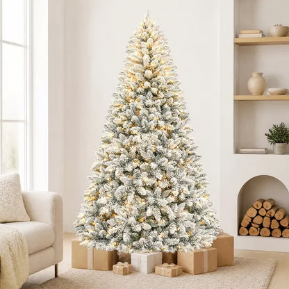 VIVATREES 6ft Prelit Artificial Christmas Tree Snow Flocked with Warm White LEDs Lights Hinged Branches Metal Stand Xmas Tree for Decor White