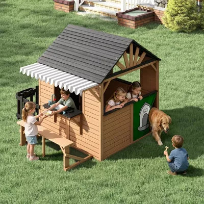AMERLIFE Large Outdoor Wooden Playhouse with Kitchen, Bench, Fence, Flower Boxes & Awning for Kids