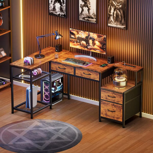 Qwatto 57" Brown Computer Desk with 4 Drawers and Charging Station Gaming Desk with Printer Shelf and File Cabinet Home Office Study Writing Table