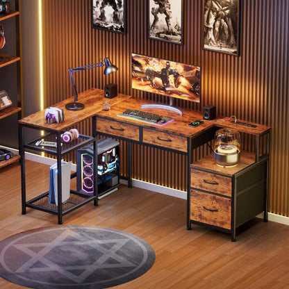 Qwatto 57" Brown Computer Desk with 4 Drawers and Charging Station Gaming Desk with Printer Shelf and File Cabinet Home Office Study Writing Table