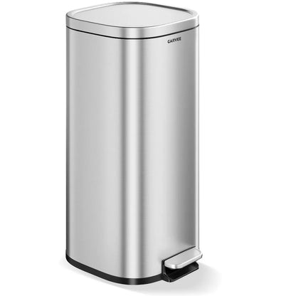 30L Stainless Steel Step Trash Can – 8Gal Rectangular Bin, Soft-Close Lid, Smudge-Proof Finish, Hands-Free Foot Pedal for Kitchen, Office,Silver