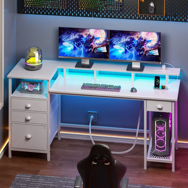 Qwatto 60'' White Computer Desk with Charging Station Gaming Desk LED Lights 4 Drawers File Cabinet Storage Home Office Work Table Modern Bedroom