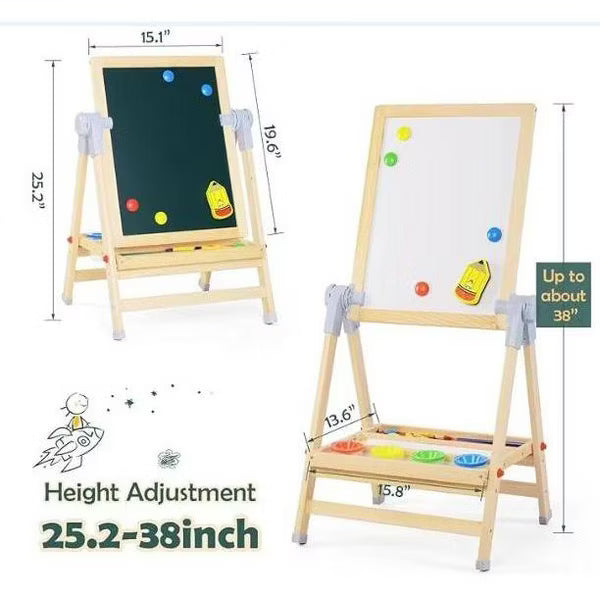 Garvee Kids Wooden Easel, Double-Sided Magnetic Whiteboard & Chalkboard Art Easel with Adjustable Height, Foldable Storage, Natural Wood Frame