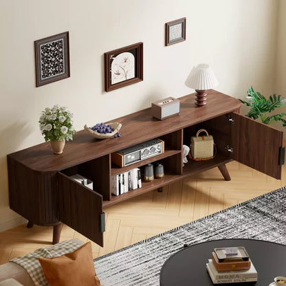Qwatto 63" Curved Edge TV Stand Walnut Finish Media Console for 70 Inch TV Modern Fluted Door Credenza with Storage Mid Century Living Room Furniture