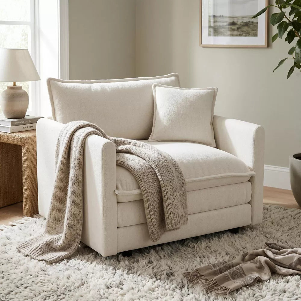 Comfy Deep Single Seat Chenille Sofa, Modern Upholstered Reading Accent Chair for Living Room, Dorm, Apartment, White