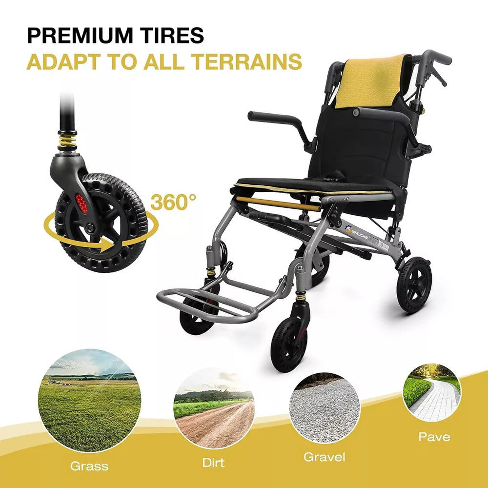 WHLICKS 17" Lightweight Foldable Transport Wheelchair for Adults & Seniors, Portable Travel Chair with Telescopic Handle, 350 lb Capacity, Yellow