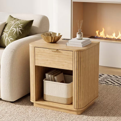 Qwatto Modern Fluted Nightstand Bedside Table with USB Charging Station Storage Drawer Open Shelf End Table for Bedroom Living Room Natural Oak Wood