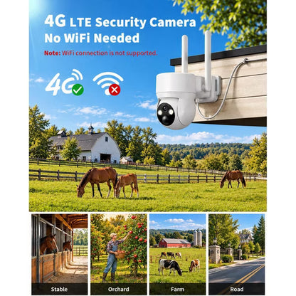 4G Solar Security Camera Outdoor, No WiFi Needed, 2K HD Color Night Vision, 360° Pan-Tilt, Built-in SIM Card,2-Way Talk for Yard & Farm
