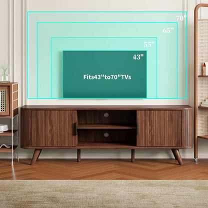 Qwatto 63" Curved Edge TV Stand Walnut Finish Media Console for 70 Inch TV Modern Fluted Door Credenza with Storage Mid Century Living Room Furniture